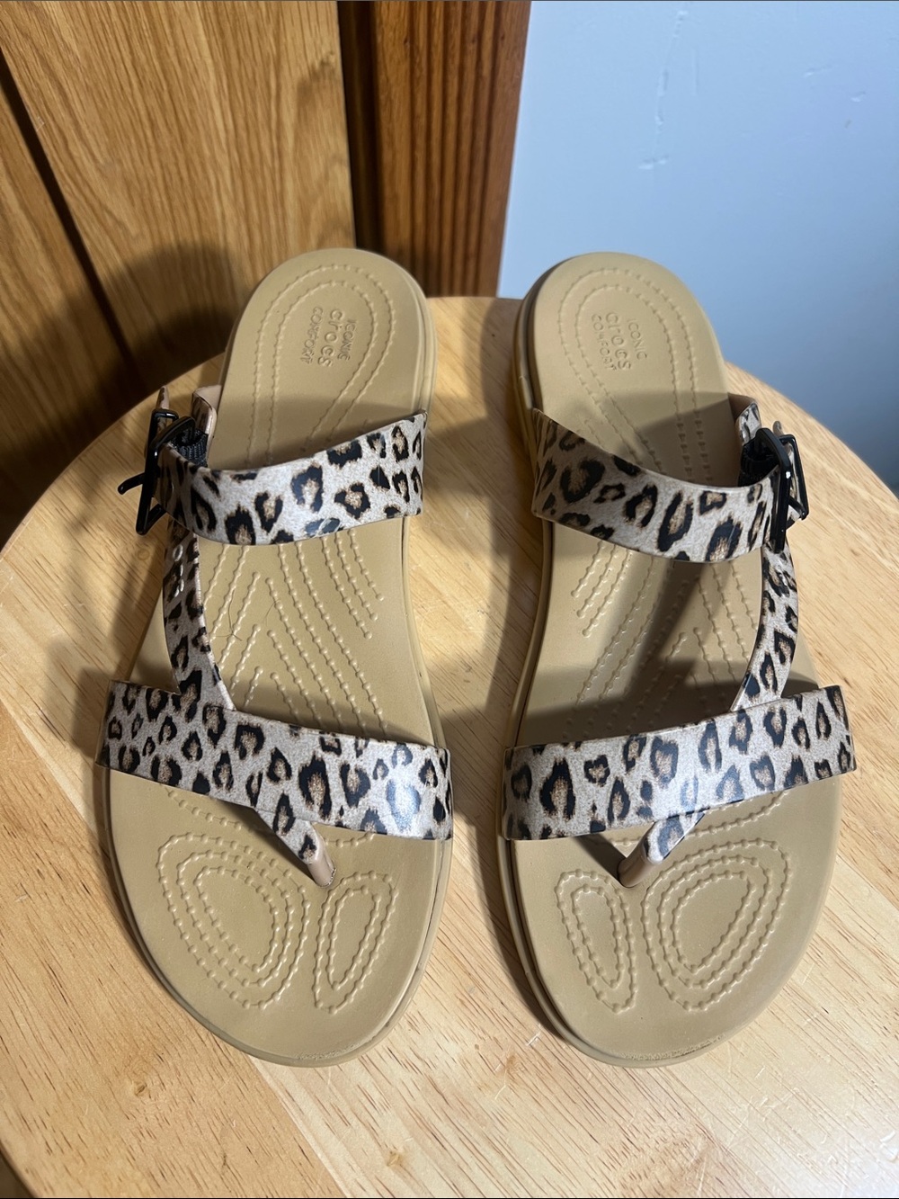 CROCS Leopard Print Strappy Sandals - Tan Footbed